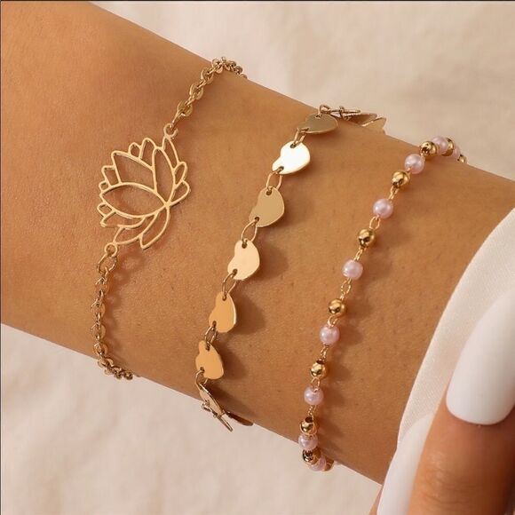 Bracelet Lotus Heart Faux Pearls BOHO style cute - Picture 1 of 6